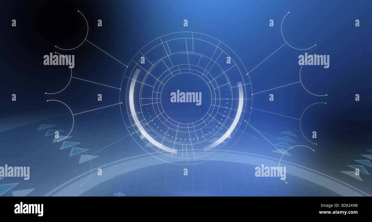 Affichage du HUD holo central tournant dans l'interface virtuelle, montrant les arcs lumineux et les lignes de connecteur Banque D'Images