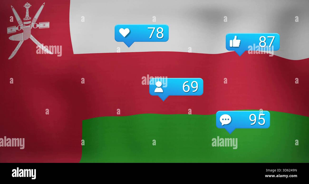 Affichage du drapeau d'Oman ondulant en studio, montrant quatre bulles bleues heart78 likes87 user69 comment95 Banque D'Images