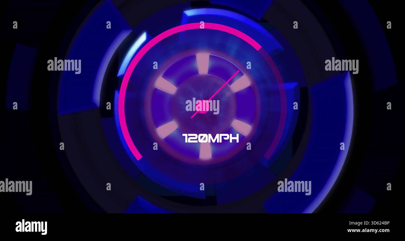 Montrant le cadran néon avec des anneaux incandescents, des lames et une aiguille magenta pointant en haut à droite sur HUD 120MPH Banque D'Images