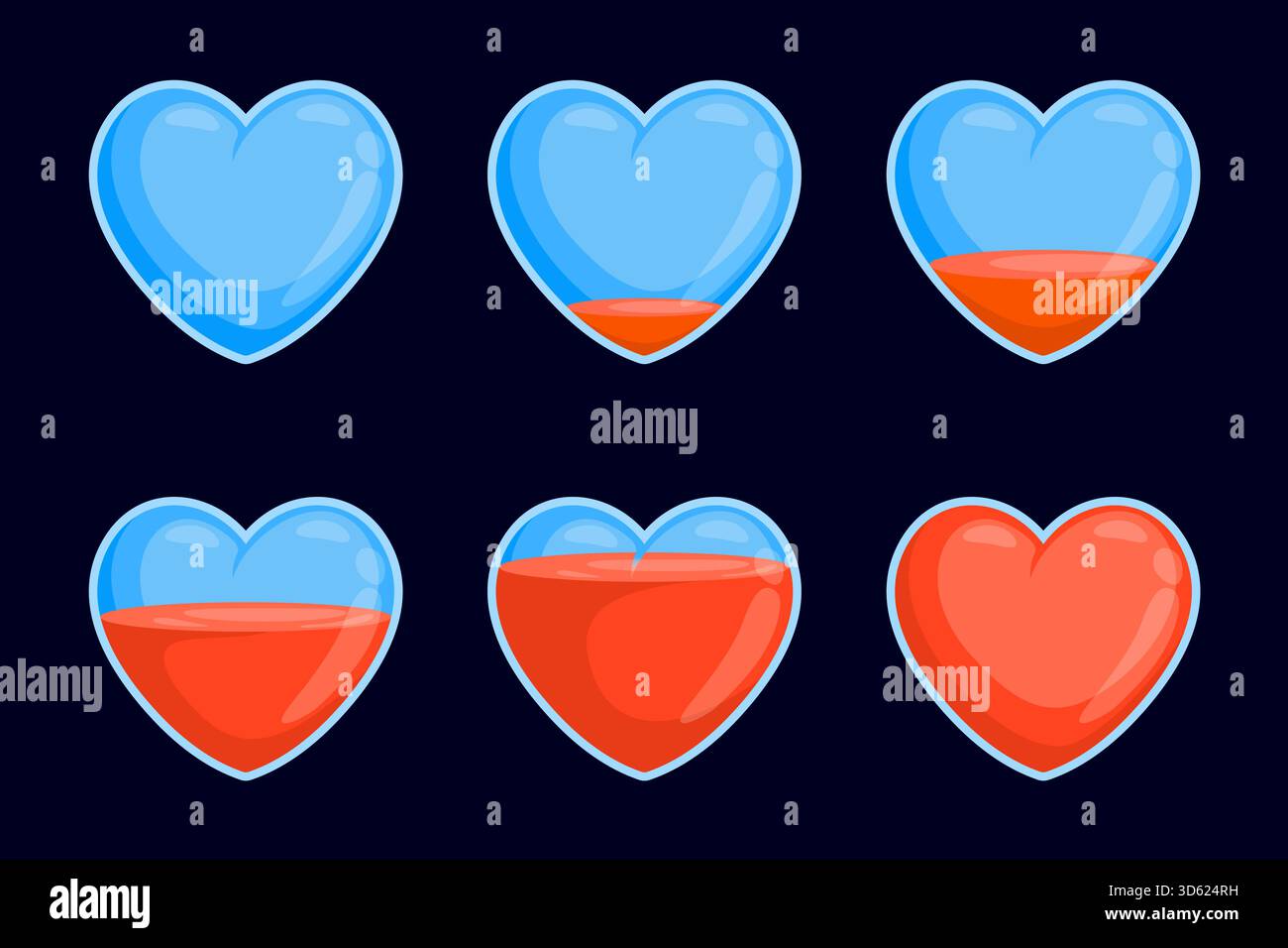 Progression du remplissage cardiaque. Animation de barre de chargement de coeur transparent en verre de dessin animé, Love meter game ui Life fuel séquence vide de volume de pleine charge ressenti par le client Illustration de Vecteur