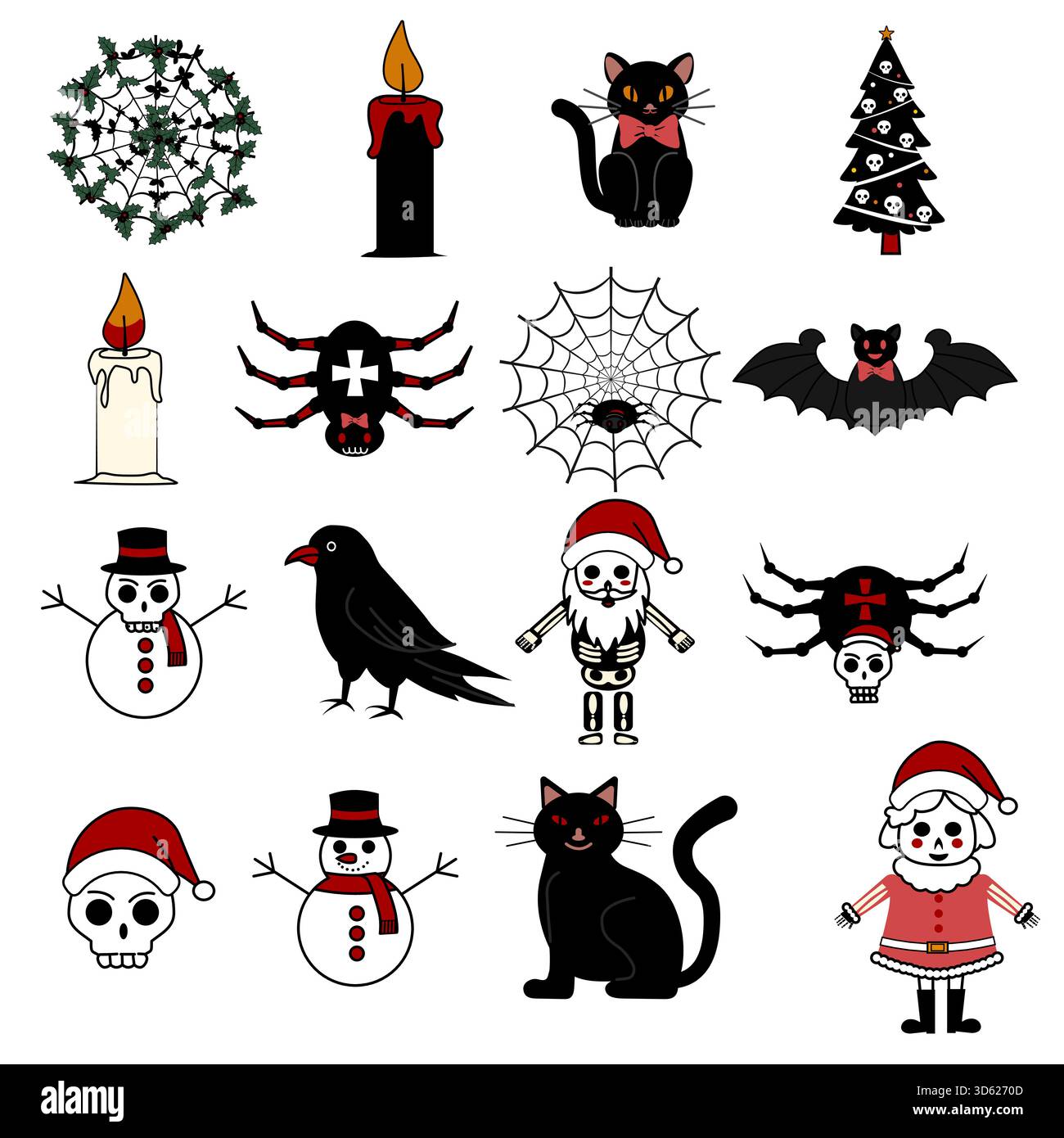 Clipart de Noël effrayant, icônes et décorations d'ensemble de vacances gothiques Illustration de Vecteur