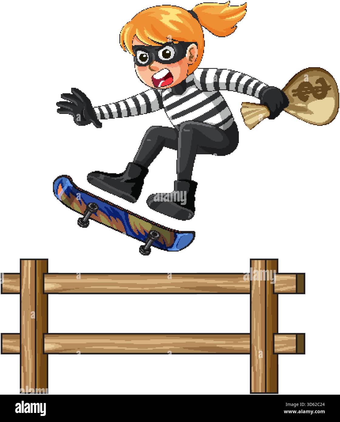 Skateboards voleurs féminins de dessin animé sur une clôture en bois, tenant un sac d'argent, des couleurs vives, un style vectoriel Illustration de Vecteur
