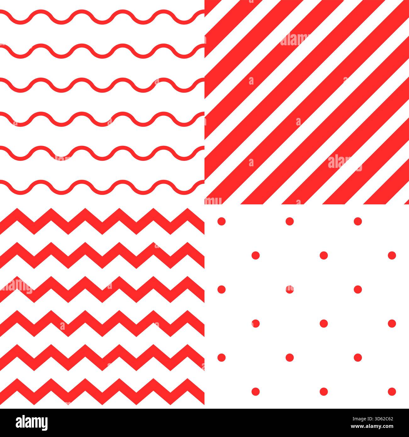 Ensemble de quatre motifs géométriques rouges et blancs sans couture. Vagues, rayures, zigzags et points. Convient aux arrière-plans, emballages, textiles, branding. Illustration de Vecteur