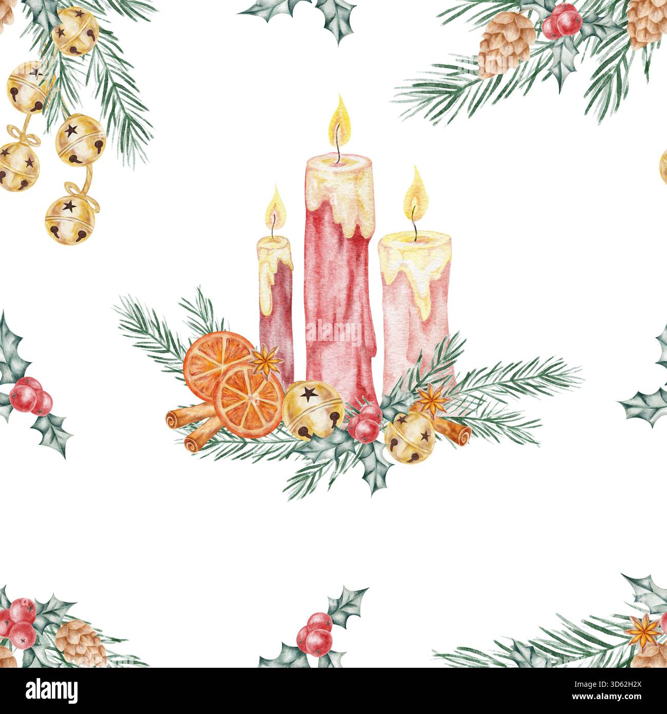 Illustration aquarelle sans couture de bougies rouges, branches de pin et oranges, dessinées à la main. Parfait pour l'emballage festif, le tissu de vacances, les articles en papier ou la conception de papeterie. Banque D'Images