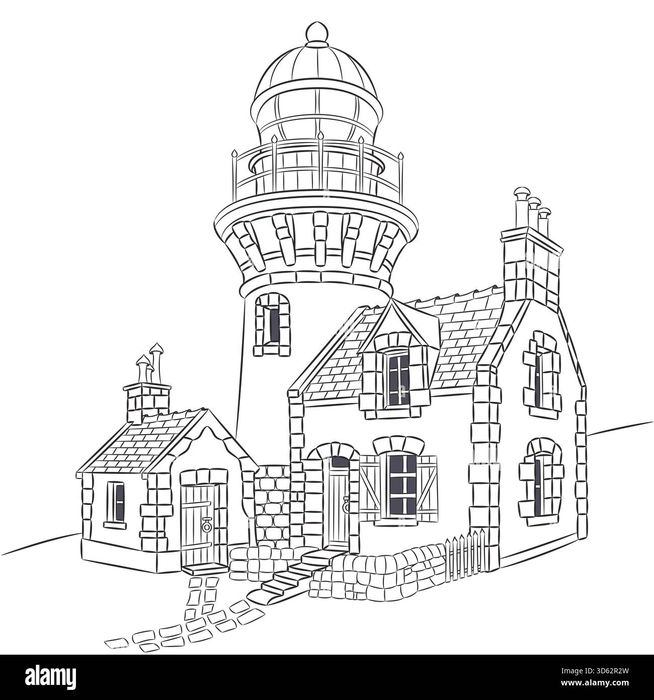 Phare et maison dans le village côtier, illustration Illustration de Vecteur