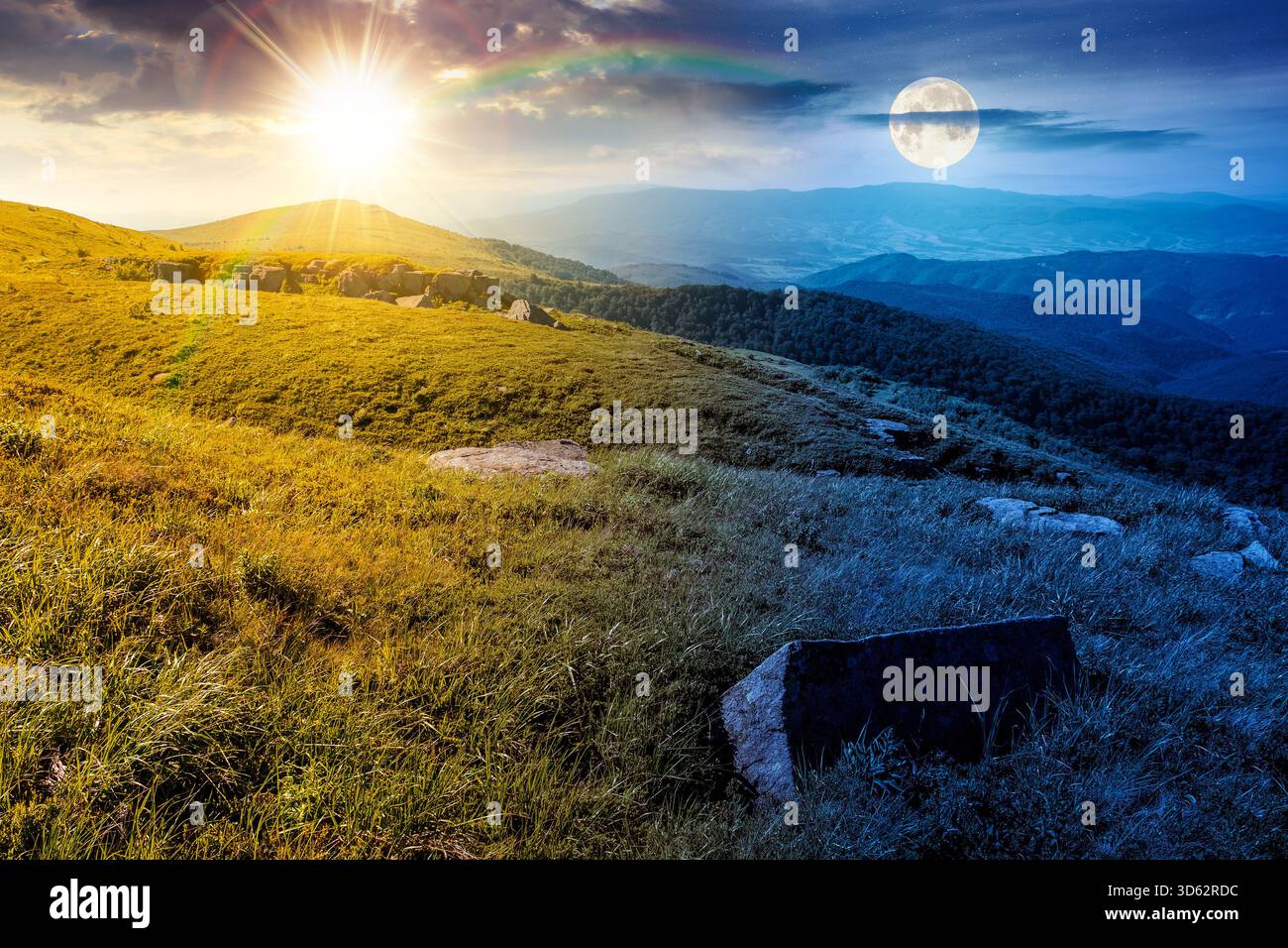 prairies alpines vertes dans les montagnes sur le solstice d'été. concept de changement de jour et de nuit. pierres sur des collines herbeuses avec soleil et lune au crépuscule. dualité Banque D'Images
