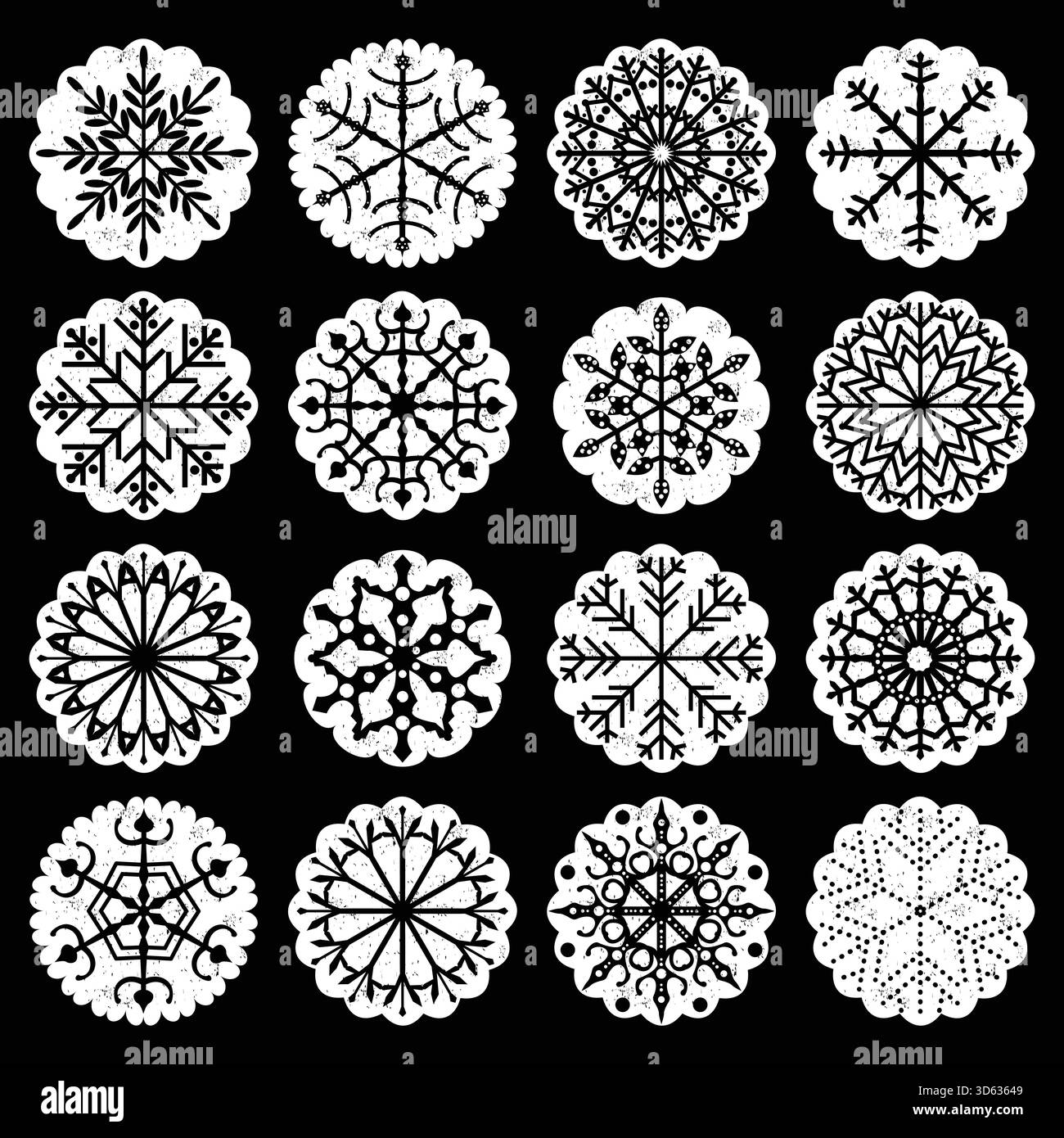 Éléments décoartifs flocon de neige avec bords festonnés en couleurs noir et blanc pour les designs de vacances d'hiver. Illustration de Vecteur