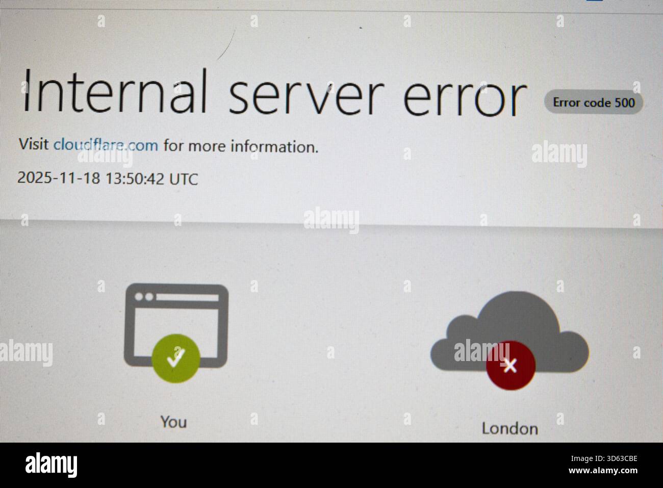 Essex, Royaume-Uni. 18 novembre 2025. Cloudflare Inc est une société américaine qui fournit des services de réseau de diffusion de contenu dans le monde entier, qui est derrière de nombreux sites Web tels que la plate-forme de médias sociaux X. leurs services ont chuté, ce qui a eu un impact sur de nombreux sites Web Banque D'Images