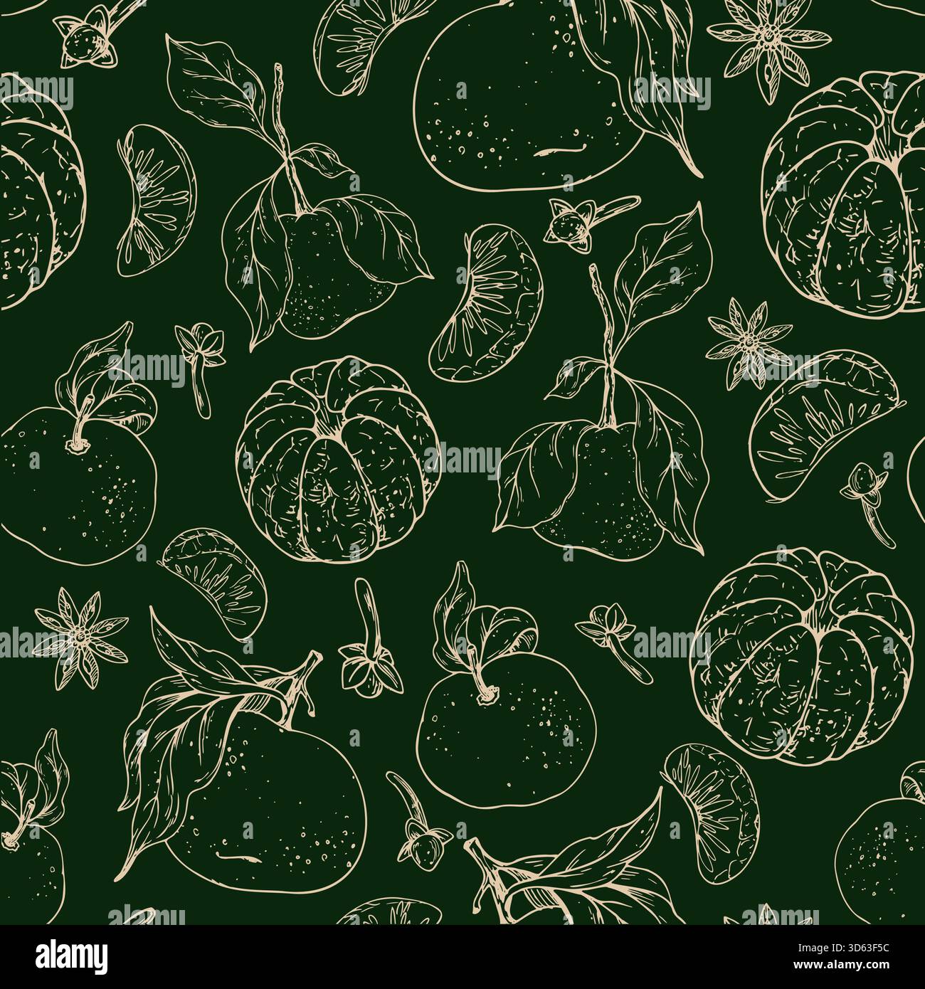Un motif sans couture dessiné à la main avec des mandarines, des clous de girofle et de l'anis étoilé. Cette illustration graphique minimaliste est parfaite pour Noël Illustration de Vecteur