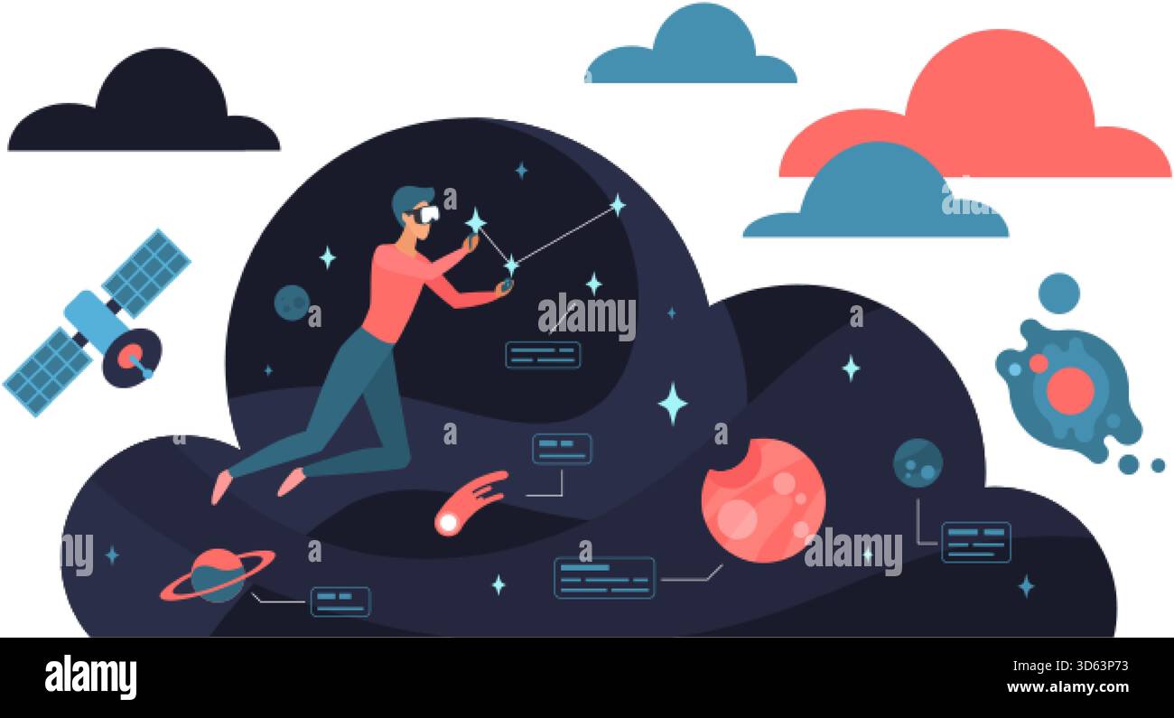 Une personne portant un casque VR interagit avec un environnement spatial numérique comprenant des planètes, des satellites et des éléments de données pour la technologie, l'innovation et l'illustration vectorielle de concepts éducatifs Illustration de Vecteur