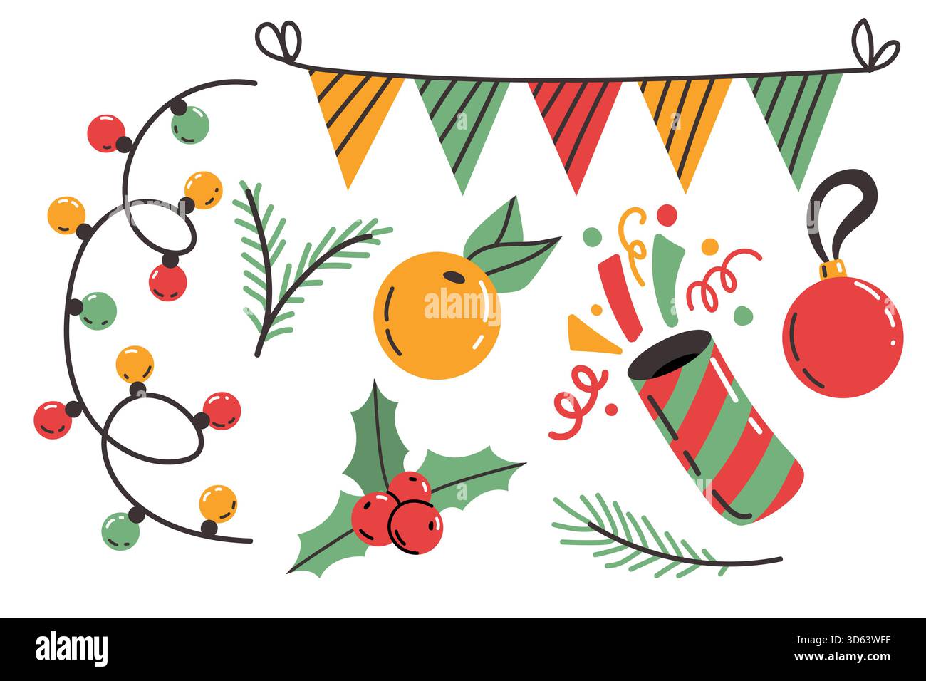 Collection de décorations de Noël. Guirlande festive. Éclairage de Noël. Décorations colorées peintes à la main. Décor du nouvel an pour les bannières, papier peint, env Illustration de Vecteur