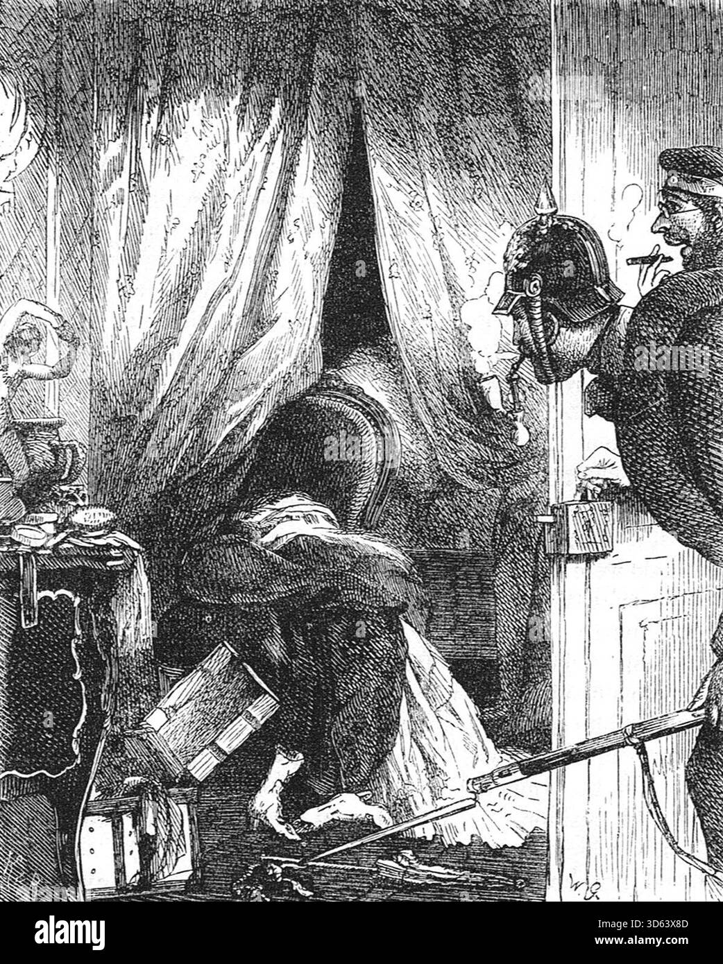 Intrus, soldats prussiens pillant une maison en France pendant la guerre franco-prussienne. Banque D'Images