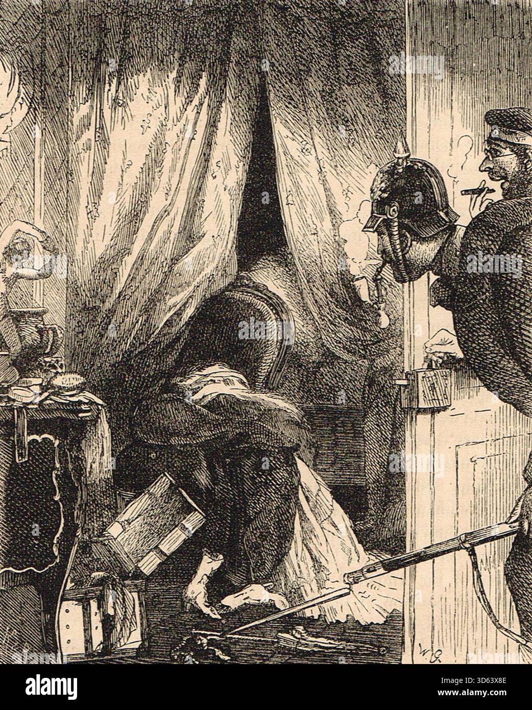 Intrus, soldats prussiens pillant une maison en France pendant la guerre franco-prussienne. Banque D'Images