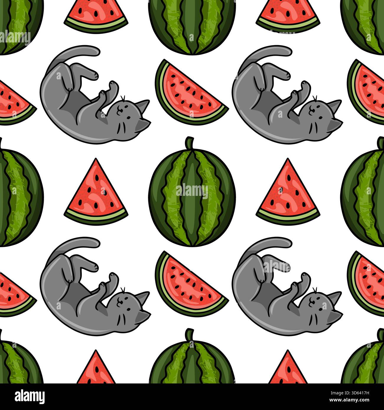 Motif vectoriel sans couture avec chatons gris ludiques et tranches de pastèque juteuses dans un design vibrant et estival. Illustration de Vecteur