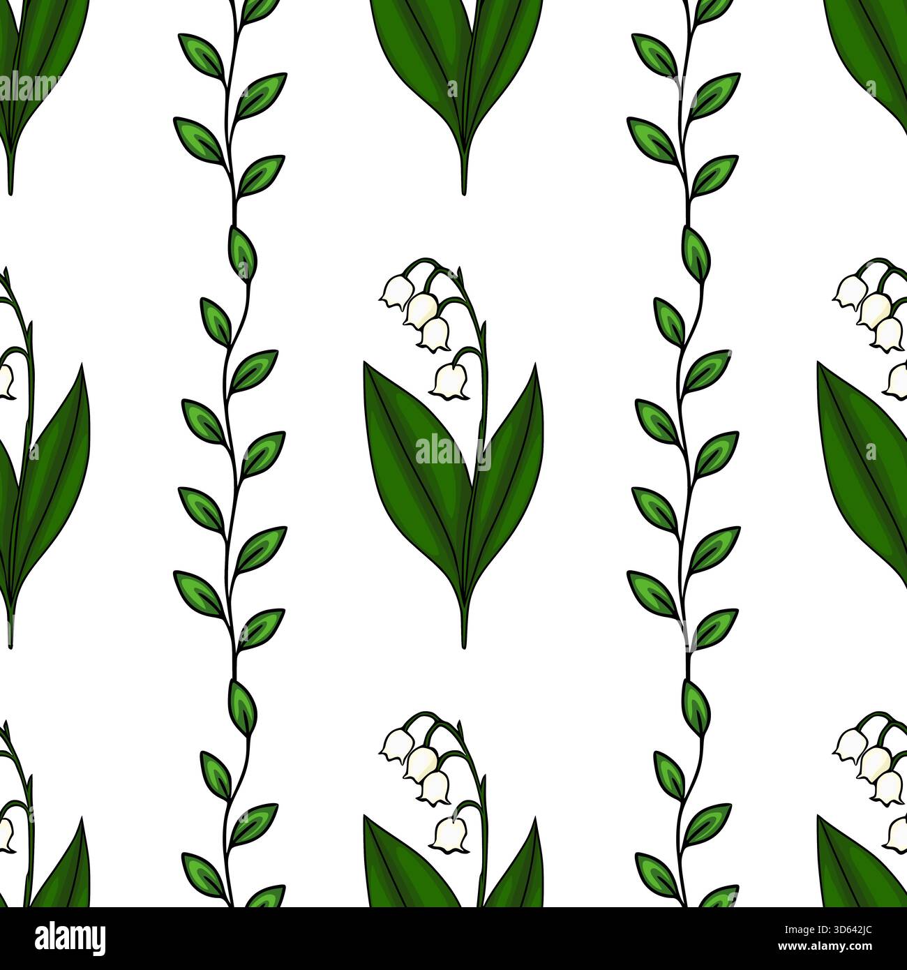 Modèle vectoriel sans couture avec des fleurs délicates de lis de la vallée et des tiges vertes simples avec des feuilles, sur un fond blanc propre. Illustration de Vecteur