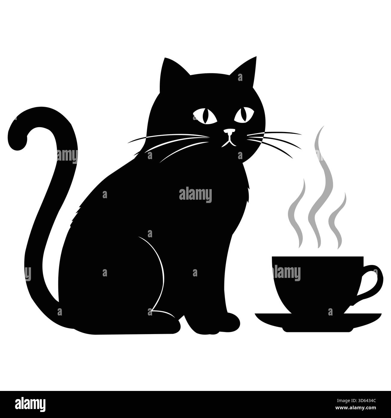 Chat noir assis à côté d'une tasse de café fumante, isolé sur, créant une scène confortable et réconfortante pour les amateurs de chat et de café, illustration vectorielle Illustration de Vecteur