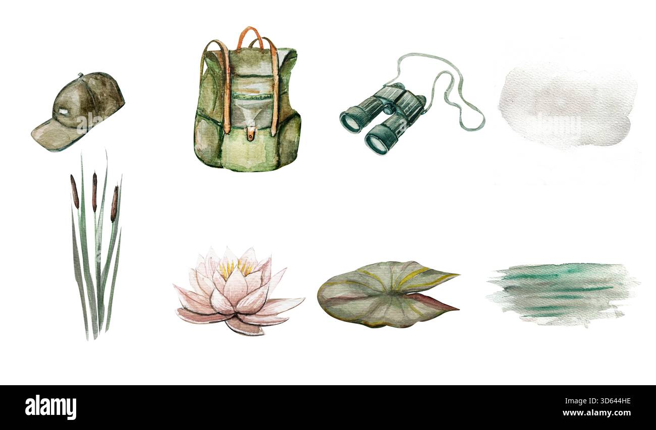 Ensemble clipart aquarelle avec canards sauvages, roseaux, fleurs de lotus, jumelles, sac à dos, coiffe, et peindre les textures. Parfait pour les conceptions sur le thème de la nature, l'Avent Banque D'Images