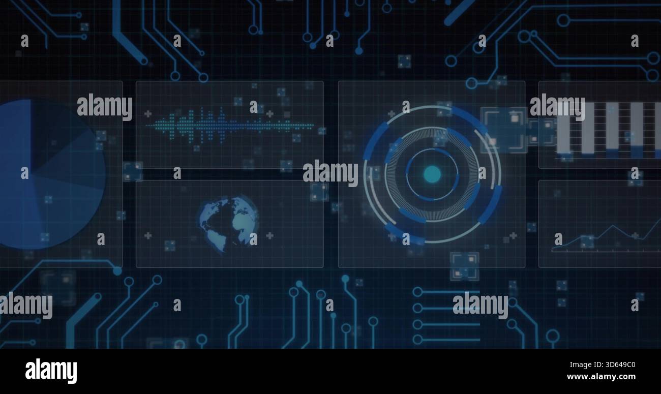 Affichage du HUD central concentrique pulsé sur le tableau de bord de la grille sombre, montrant des diagrammes de globe de forme d'onde Banque D'Images