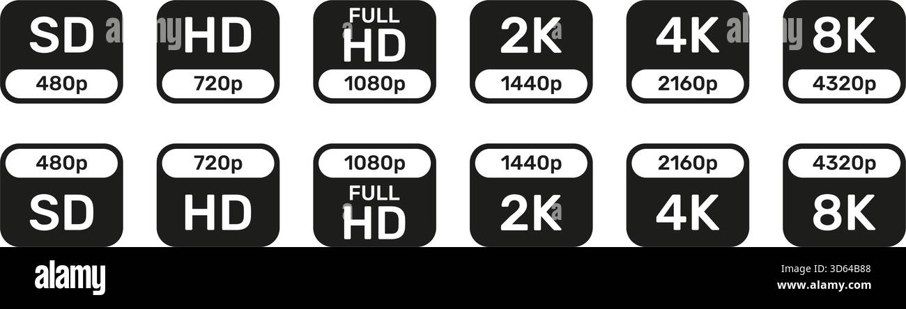 Icônes de résolution vidéo définies. Collection de symboles de qualité d'affichage numérique et de résolution d'écran. Multimédia et utilisation de la technologie. Icônes de résolution de l'écran Illustration de Vecteur