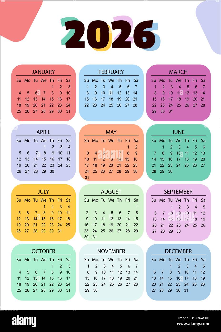 Arc-en-ciel année civile 2026. calendrier vectoriel. Illustration de Vecteur