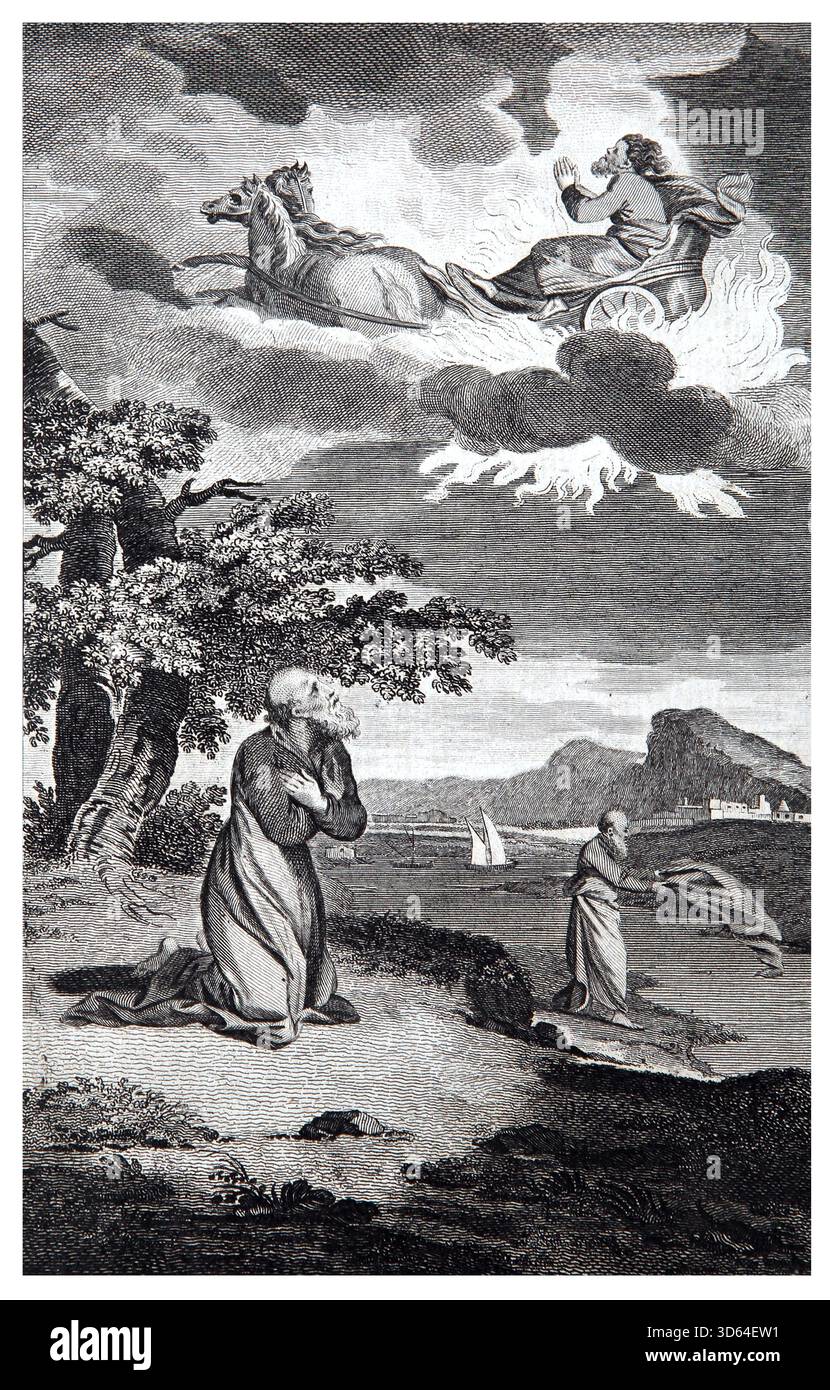 Illustration d'Elijah pris au ciel (2 Rois) Elisée voyant le Prophète Elijah monter dans un tourbillon au ciel dans un chariot de feu avec Eli Banque D'Images