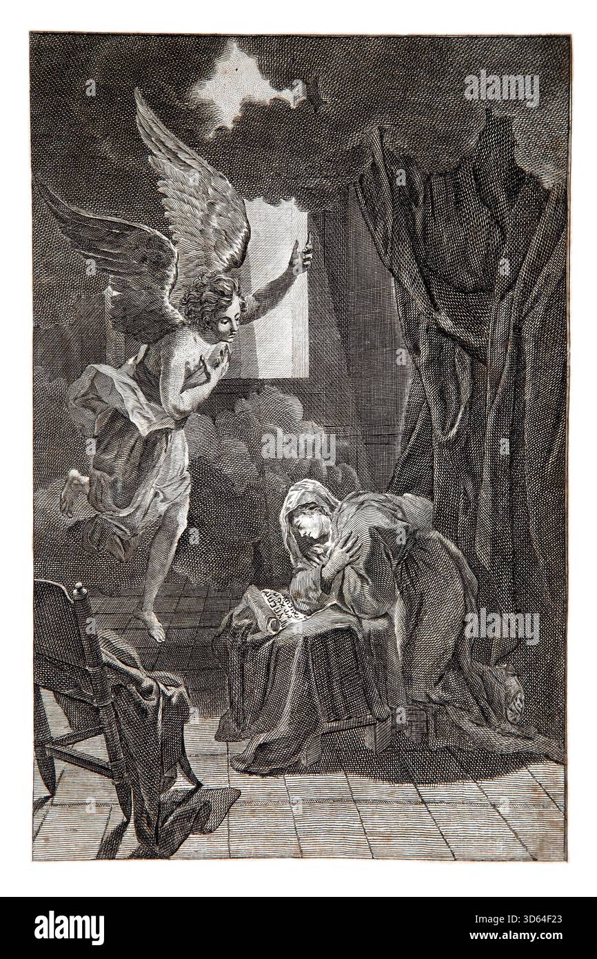 Illustration de l'Annonciation de l'Archange Gabriel à la Vierge Marie du XVIIIe siècle Bible de la famille du révérend M. Cookson Banque D'Images