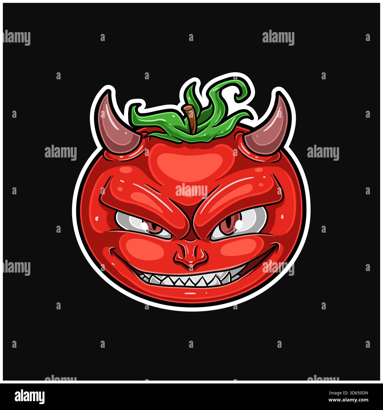 Personnage de mascotte de dessin animé de tomates avec des visages maléfiques et rusés. Parfait pour autocollant, étiquette, couverture, emballage, tshirt, marchandises d'affaires et Produ Illustration de Vecteur