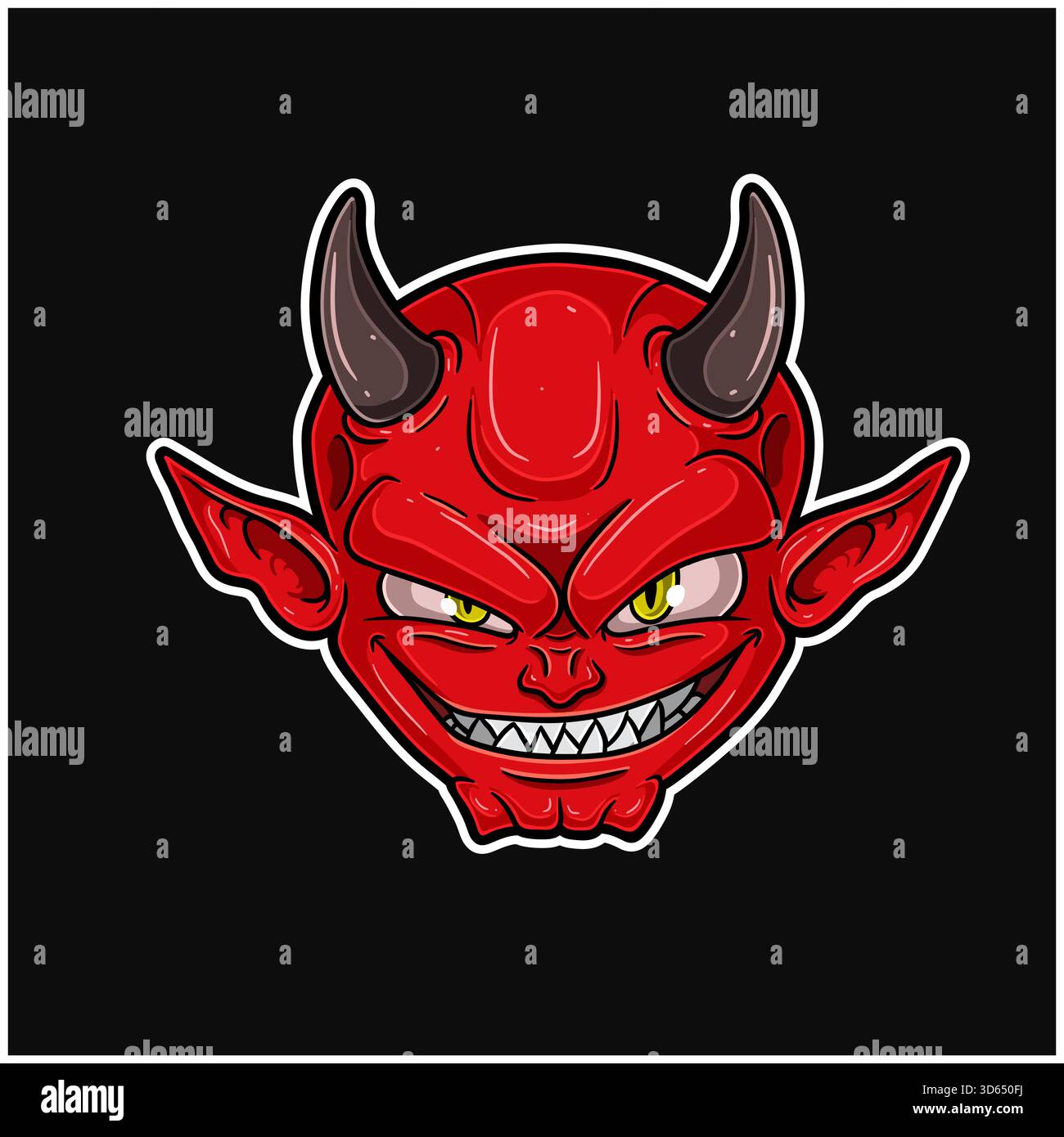 Personnage de mascotte de dessin animé de Red Evil tête avec le visage maléfique et souriant. Parfait pour autocollant, étiquette, couverture, emballage, tshirt, marchandises d'affaires et P Illustration de Vecteur