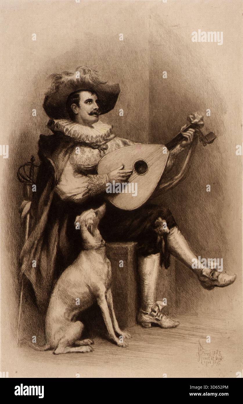 Illustration historique intitulée musicien et chien, montrant un musicien costumé du XIXe siècle jouant un luth avec un chien fidèle assis à ses côtés par Stephen James Ferris, 1893 Banque D'Images