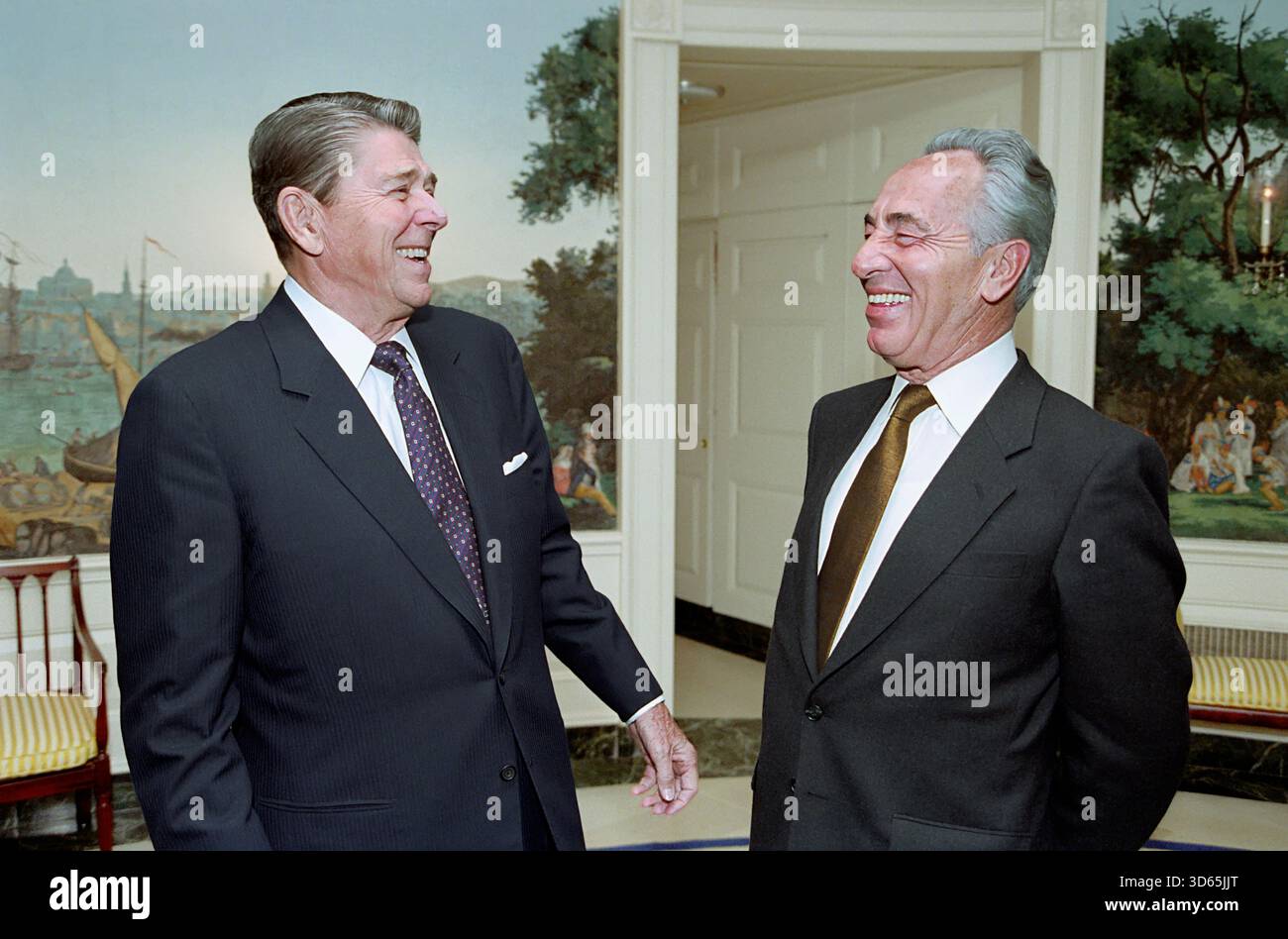 Le président américain Ronald Reagan rencontre avec le premier ministre israélien Shimon Peres, salle de réception diplomatique, Maison Blanche, Washington, D.C. USA, Président Ronald Reagan White House Photographic Office, 17 octobre 1985 Banque D'Images