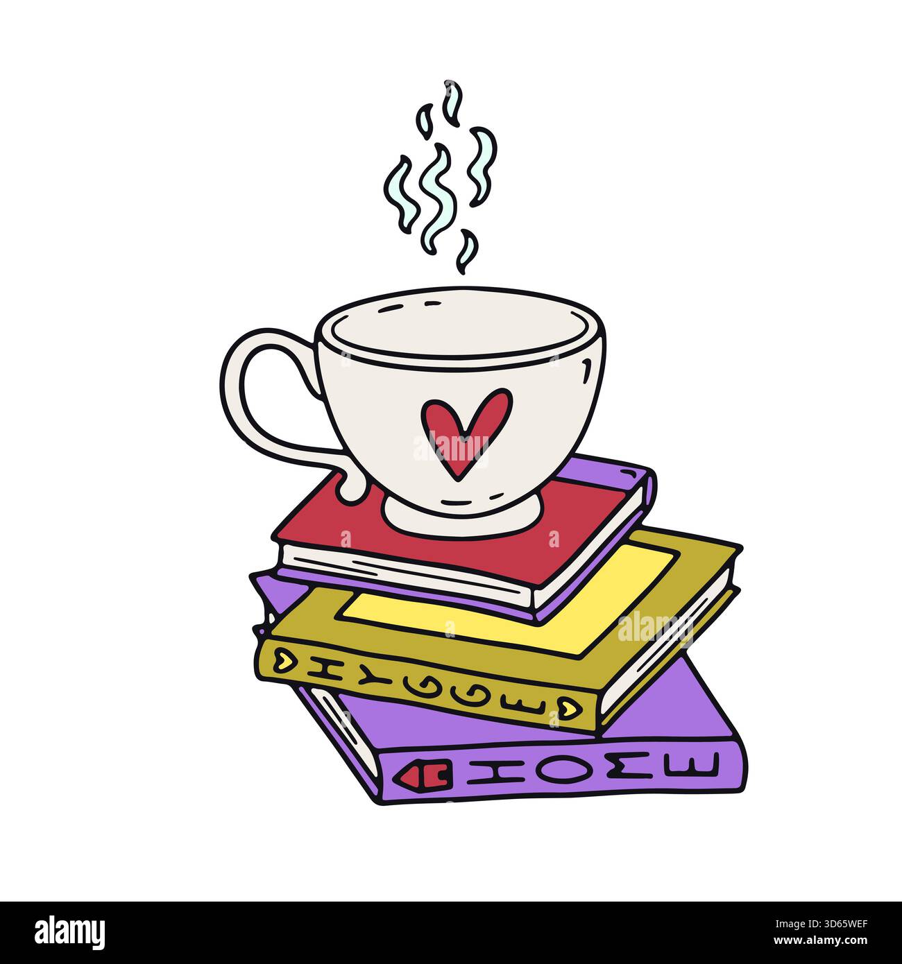 Tasse à café de doodle hygge dessinée à la main avec le cœur debout sur la pile de livres illustration vectorielle d'icône Illustration de Vecteur
