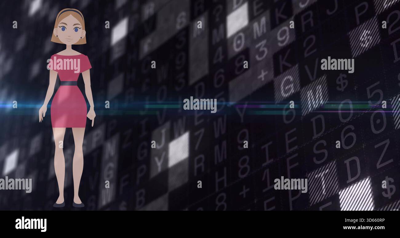 Femme debout en robe rouge face au spectateur dans le cyberespace, tuiles de code et strie bleue, espace de copie Banque D'Images