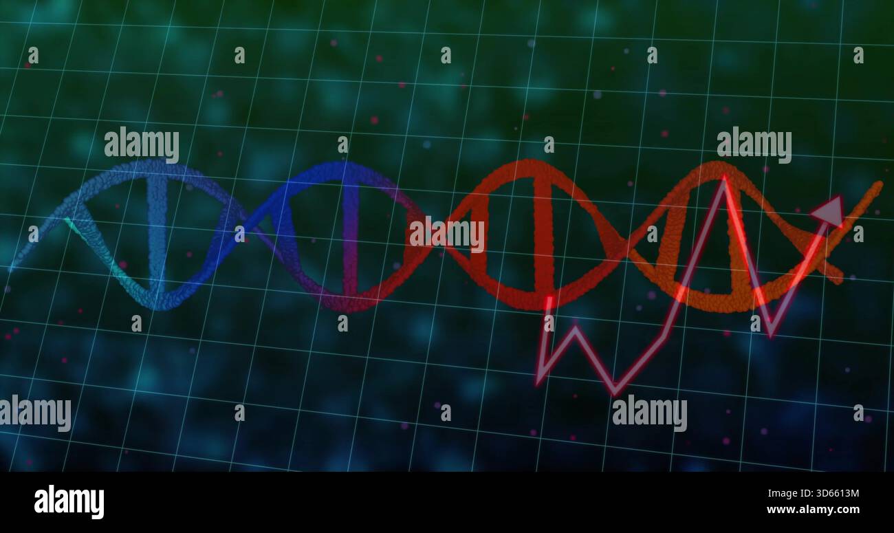 Affichage de l'hélice d'ADN multicolore traversant la grille, avec flèche de graphique linéaire magenta, taches, bokeh Banque D'Images
