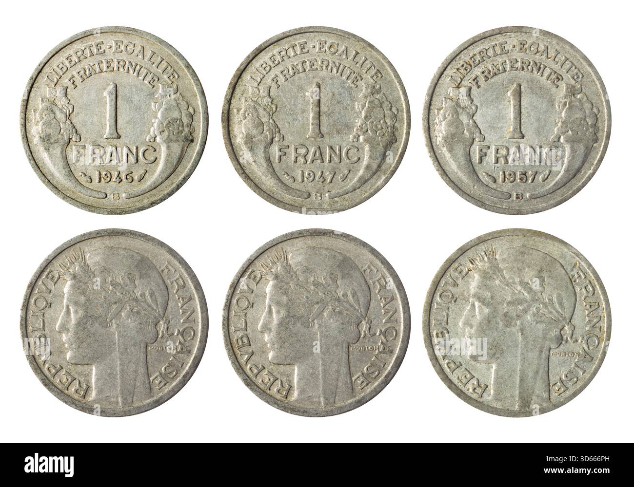 Photo isolée de 1 franc France 1946, 1947 et 1957 pièce de monnaie en aluminium de la quatrième république avers et revers sur fond blanc. Banque D'Images