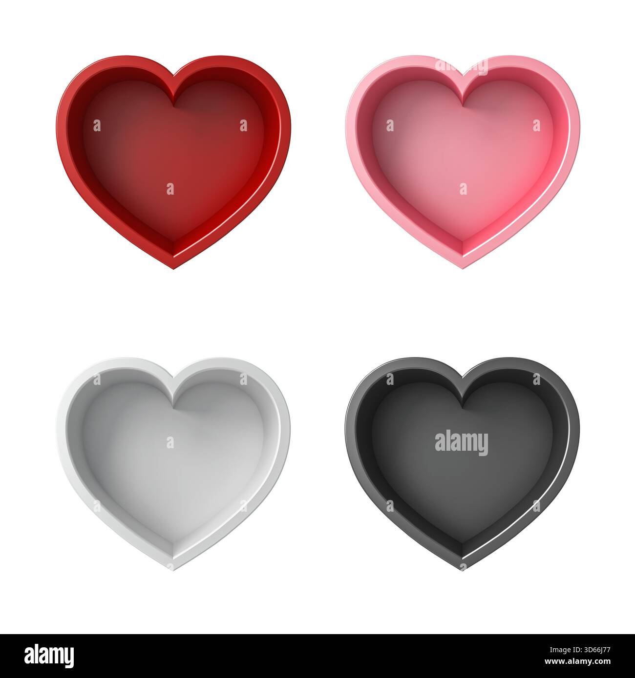 Collection de boîte de coeur vierge isolé sur fond blanc rendu 3D conceptuel minimal Banque D'Images
