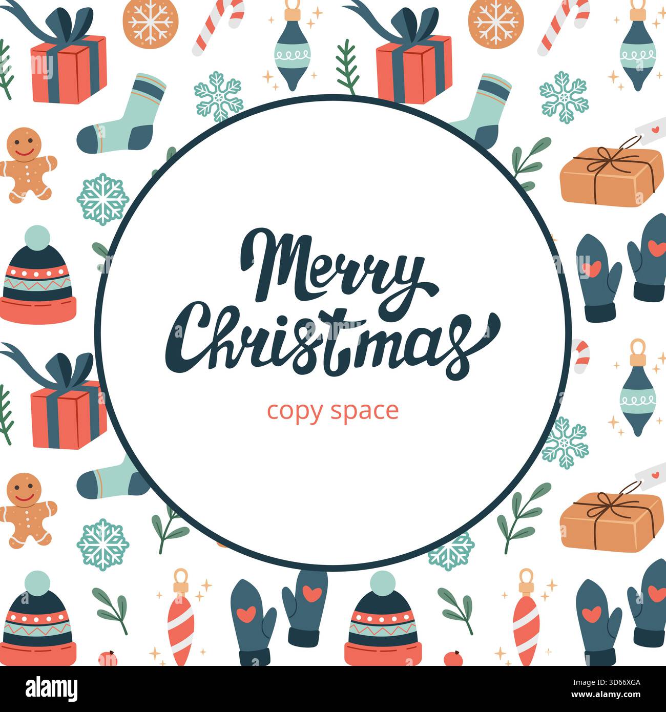 Cadre rond de Noël dessiné à la main, espace de copie, carte postale, carte de voeux. Doodle Noël décoration d'hiver cadre circulaire avec motif de Noël. Joyeux Noël lettrage. Vecteur Illustration de Vecteur