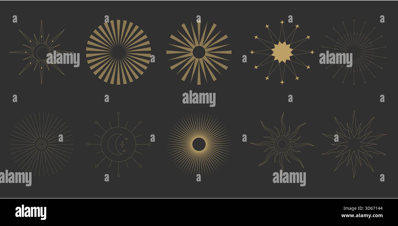 Sun line boho Sunrise Gold logo icône art Moon Sunburst définir un contour éclatant. Il se marie avec un design magique et léger. Un élément céleste minimaliste. Illustration de Vecteur