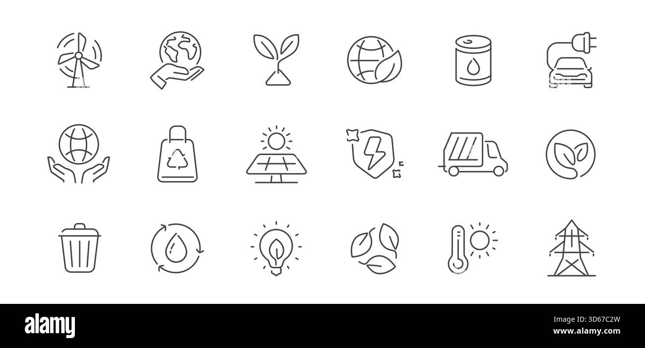 Icônes écologiques définies. Énergies renouvelables, technologies vertes, recyclage et solutions écologiques. Symboles de ligne d'environnement Illustration de Vecteur