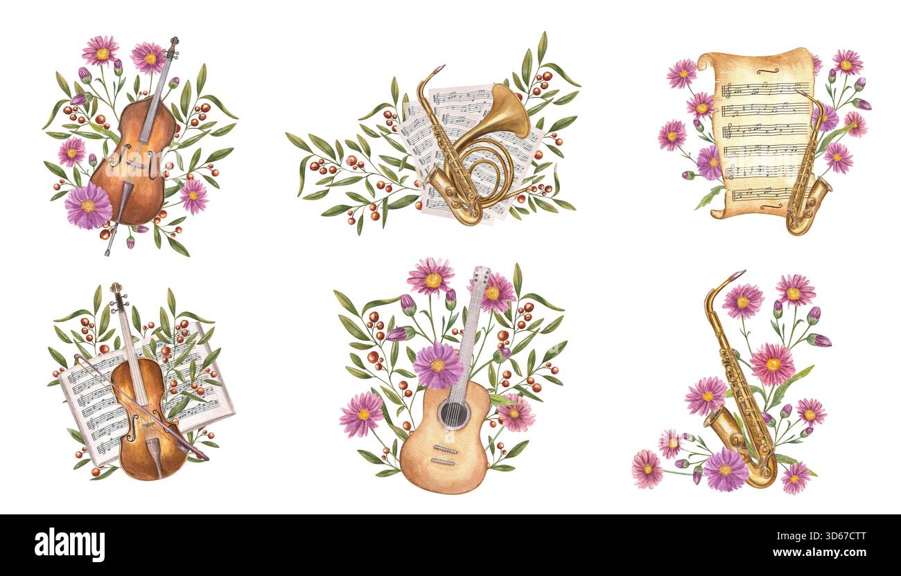Ensemble musical avec contrebasse, guitare, violon, saxophone et plantes d'automne sur fond isolé. Instruments de musique peints à la main, fleurs, carnets Banque D'Images
