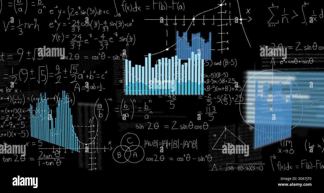Affichage mathématique des équations manuscrites et des tracés sur le tableau de surveillance avec des graphiques à barres bleues Banque D'Images
