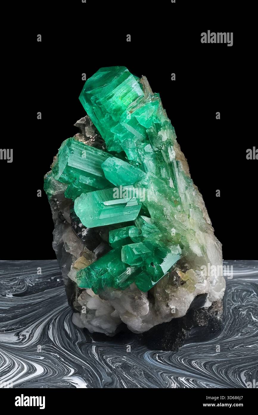 Le spécimen minéral émeraude montre des formations de béryl vert translucide poussant à partir d'une surface de pierre accidentée mettant en évidence la géométrie naturelle des pierres précieuses Banque D'Images