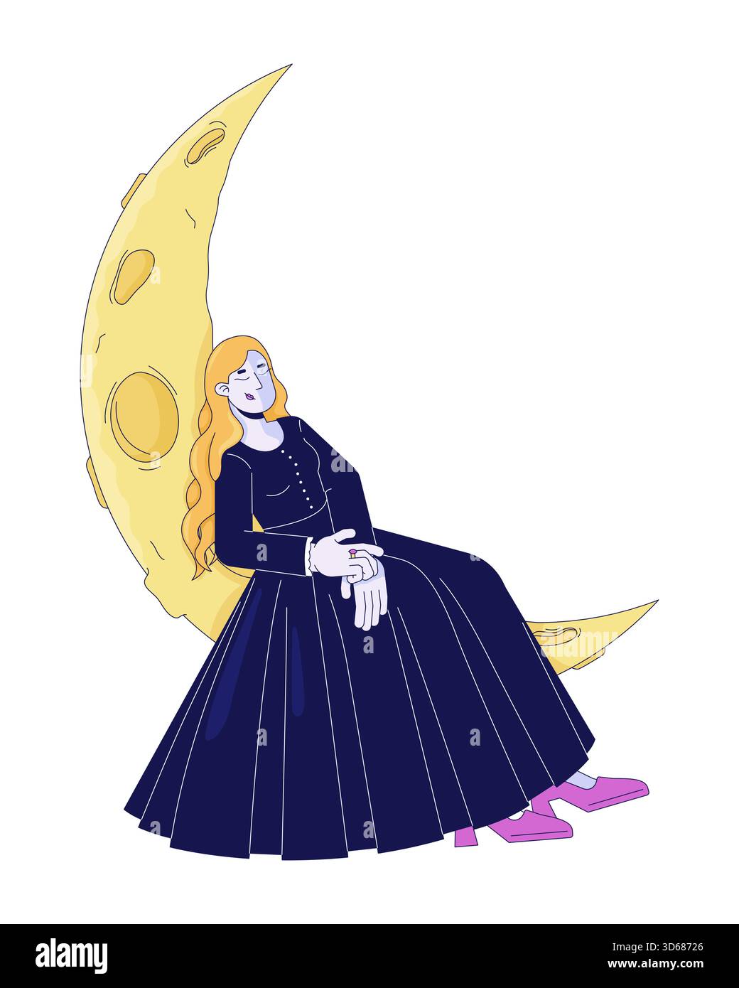 Femme victorienne rêveuse appuyée sur le personnage de dessin animé 2D de lune en croissant Illustration de Vecteur