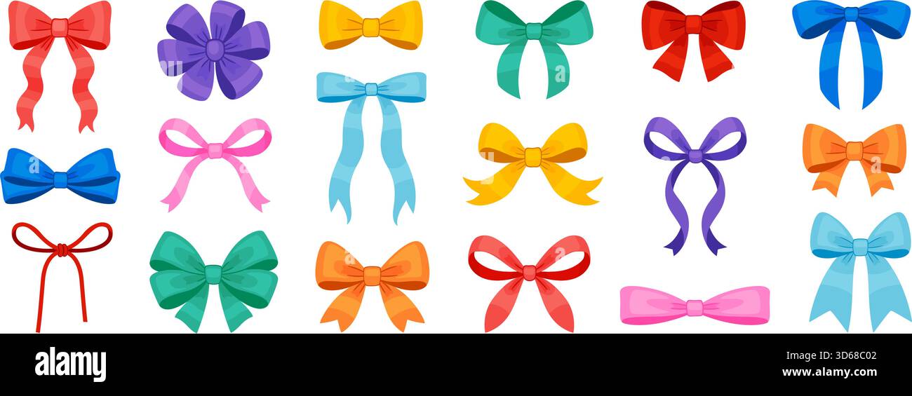 Arcs décoratifs colorés de différentes formes et styles. Illustration vectorielle de style plat lumineux. Idéal pour les dessins d'emballage cadeau, décor festif, cartes de vœux, autocollants, emballage, et des projets artisanaux. Illustration de Vecteur