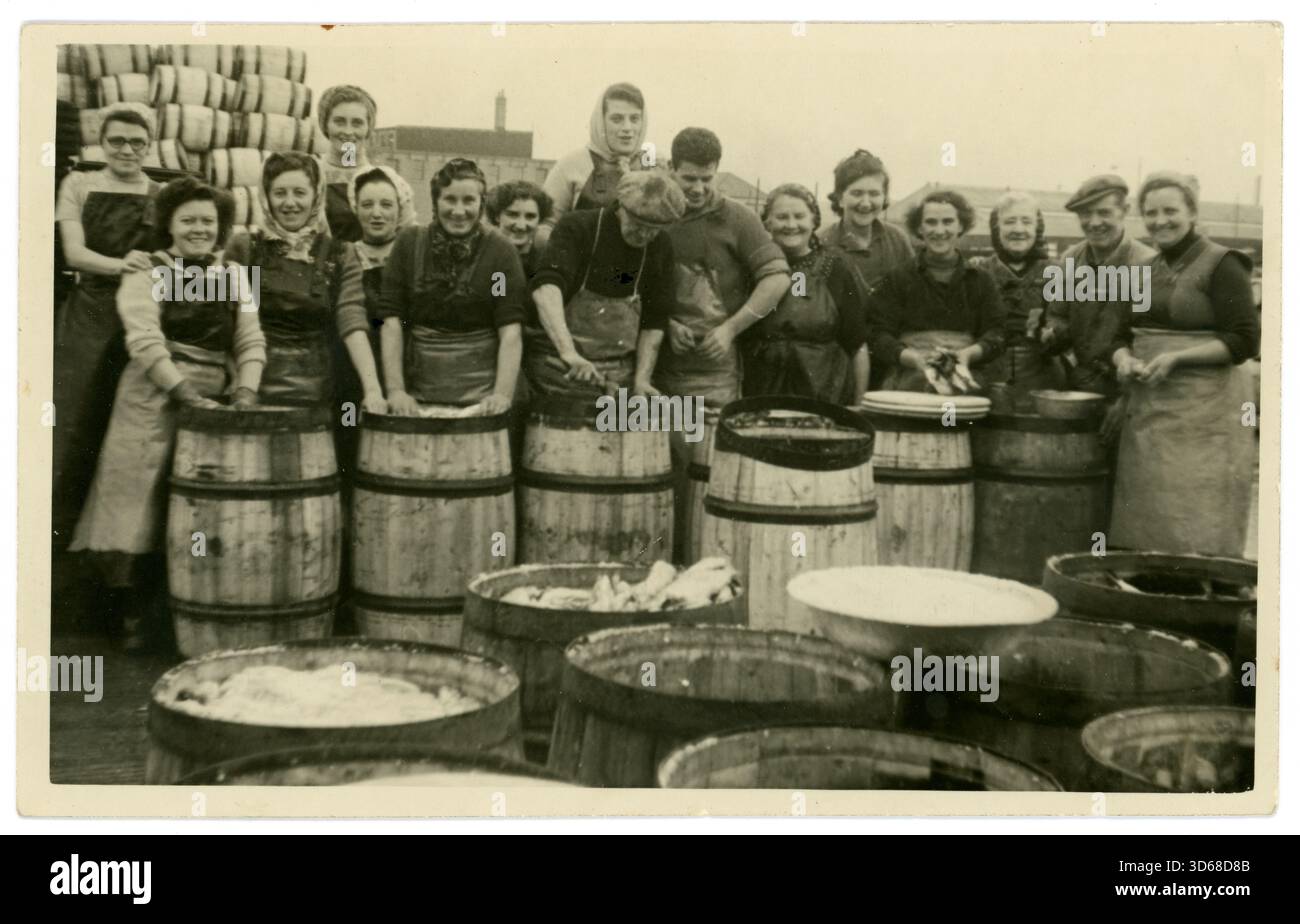 Photographie vintage originale de pishwives, avec du poisson salé dans des fûts, tonneliers clou sur des couvercles, industrie de pêche traditionnelle Écosse Royaume-Uni datée 1947. Banque D'Images