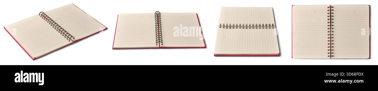 ensemble de cahier à spirale ouvert avec couverture rouge, pages de grille de points beige blanc isolé, modèle de maquette de papeterie et de journaux à balles Banque D'Images