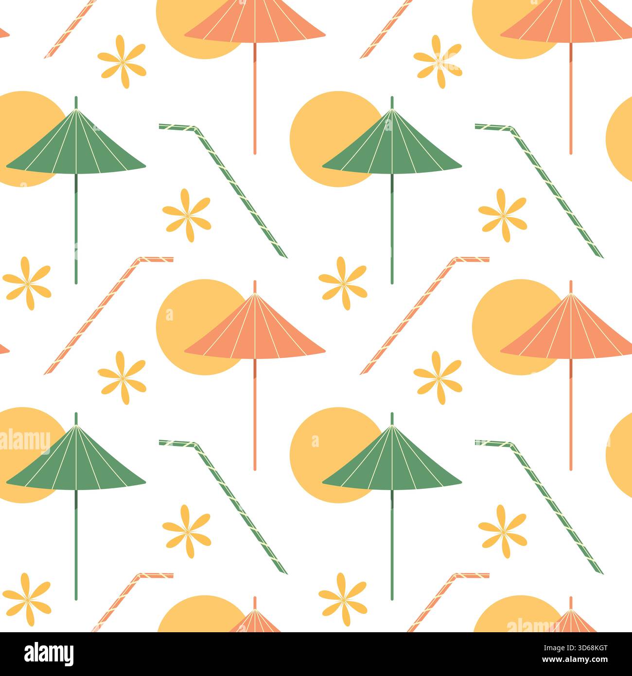 Pailles de cocktail et parapluies contre le coucher du soleil et décor floral Seamless Pattern minimal Flat Backdrop. Illustration vectorielle isolée cocktails fond thématique cartes de menu Bar Party invitation étiquette de prix Illustration de Vecteur