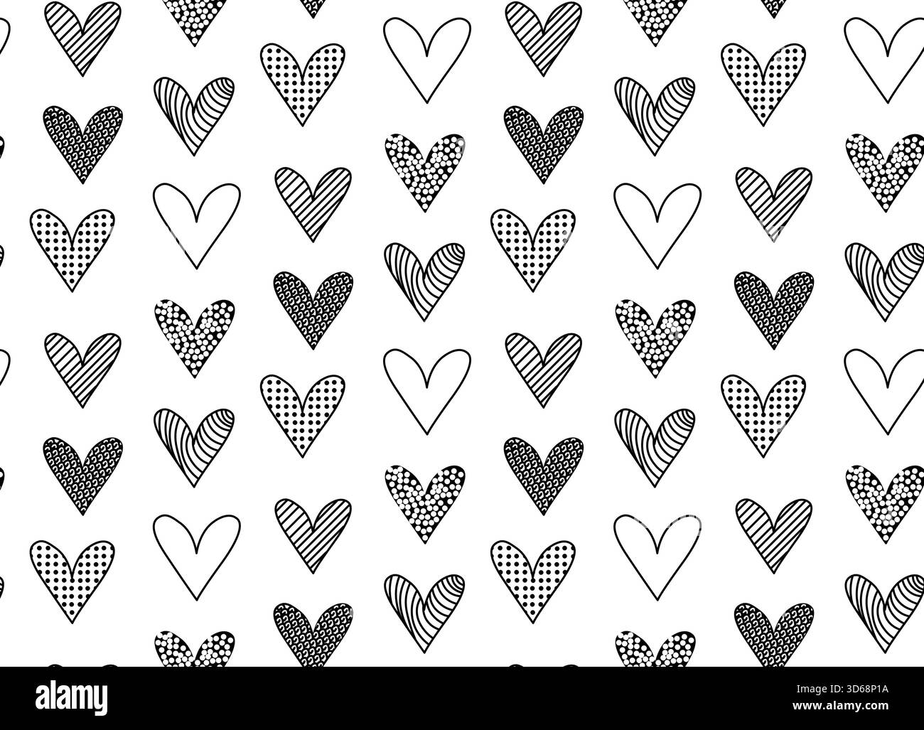 Motif sans couture Saint-Valentin. Illustration en noir et blanc de la ligne graphique vectorielle. Signe de silhouette pour logo, impression, bandes dessinées, mode, pop art, planches, Illustration de Vecteur