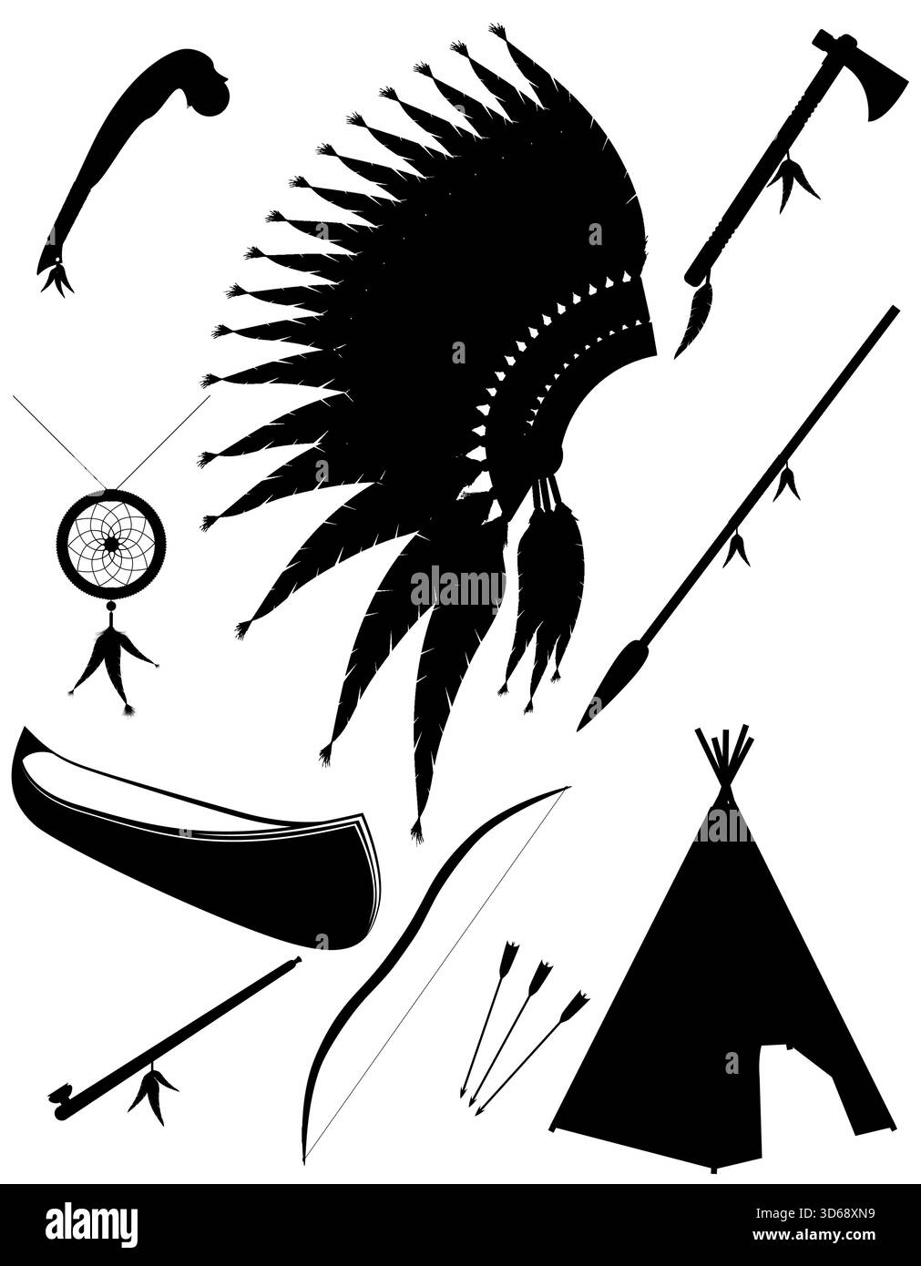 objets objets amérindiens noirs silhouette dessin animé stock illustration vectorielle isolé sur fond blanc Illustration de Vecteur