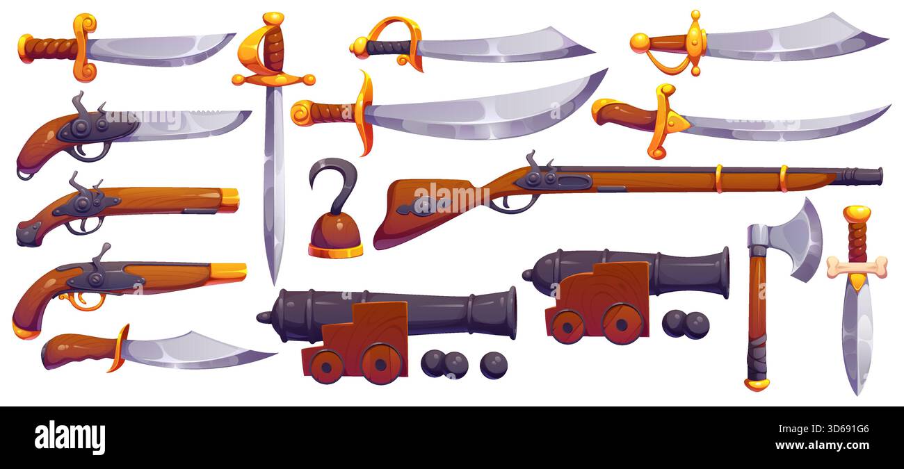 Jeu d'armes pirates de bande dessinée de mousquets et pistolets vintage, crochet corsaire, épées et poignard, sabres, hache et canon. Armes anciennes vectorielles, artillerie d'arraisonnement navale pirate, armes à feu et armes de combat Illustration de Vecteur