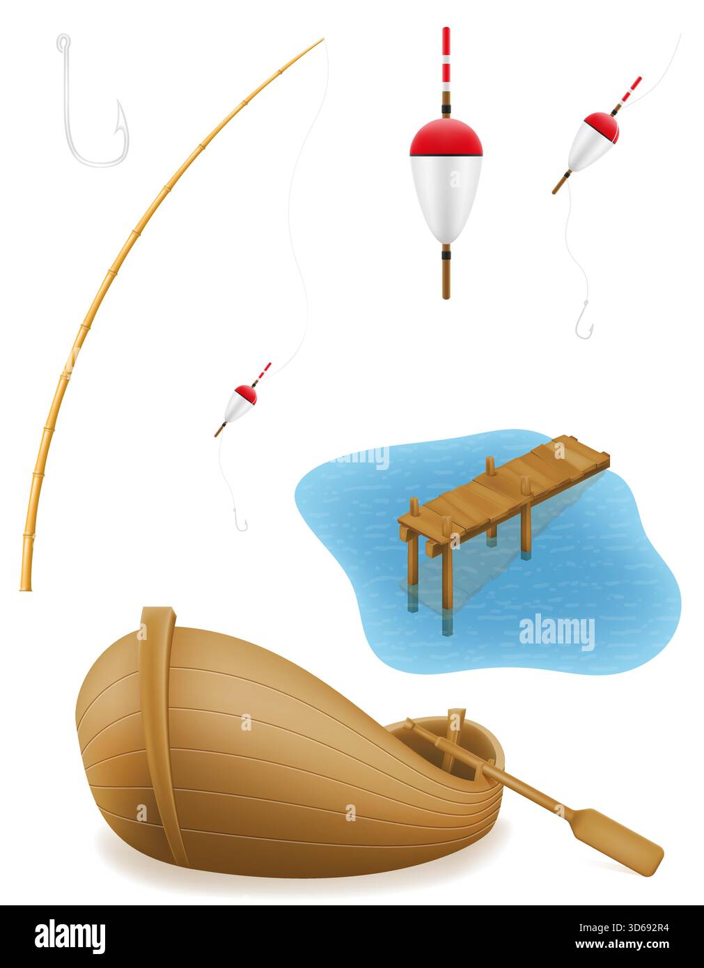 illustration vectorielle de stock d'articles d'équipement de pêche de dessin animé isolée sur fond blanc Illustration de Vecteur